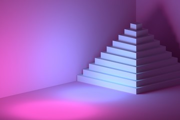 Large white multi layered pyramid indoors illuminated by pink blue light. 3d illustration.