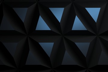 Modern pattern with extrea large repeating pyramids triangular geometric shapes in dark color with blue reflections. 3d illustration.