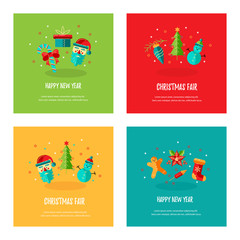 Merry Christmas and Happy New Year card vector illustration set. Place for text. Great for New Year party invitation, christmas fair, flyer, banner, poster. Flat and line style design.