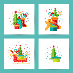 Merry Christmas and Happy New Year cards vector illustration set. Design element isolated on white background. Great for flyer, decoration, postcard, banner, poster. Flat and line style design.
