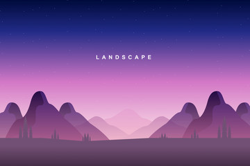 fantasy forest with mountain and full moon, fairy tale forest in flat design, beautiful vector illustrator