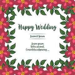Vintage design red flower frame, elegant card with lettering of happy wedding. Vector