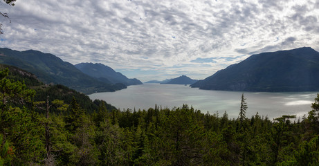 Beautiful Panoramic Canadian Landscape View during a cloudy summer day. Taken in Murrin Park near Squamish, North of Vancouver, BC, Canada.