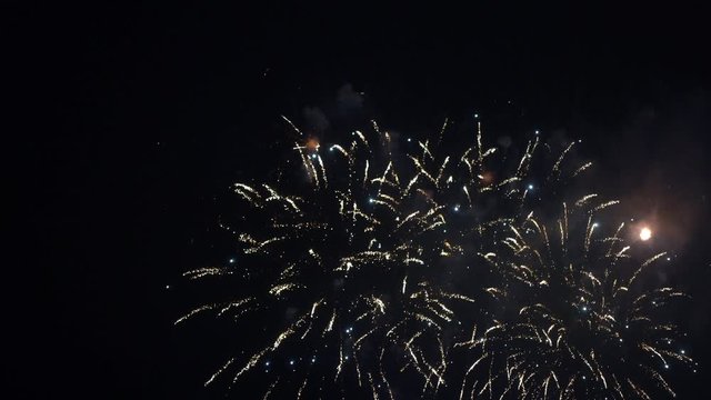 Close up of fireworks exploding in the night sky.