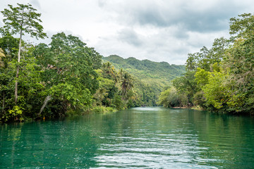 Bohol Loboc river cruise on Philippines. Palms, cloudy sky, hills