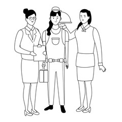 Professionals workers characters smiling cartoons in black and white