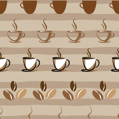 Coffee cup and beans seamless pattern on brown stripes background