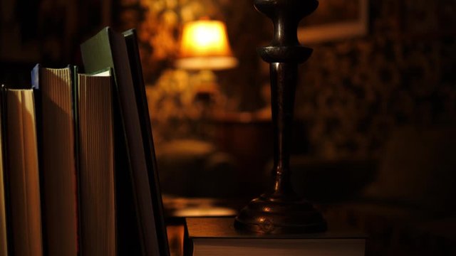 Old Books Indoors. Camera moving on Dolly