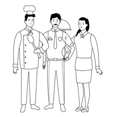 Professionals workers characters smiling cartoons in black and white