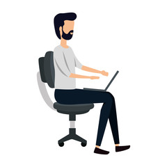 elegant businessman using laptop seated in office chair