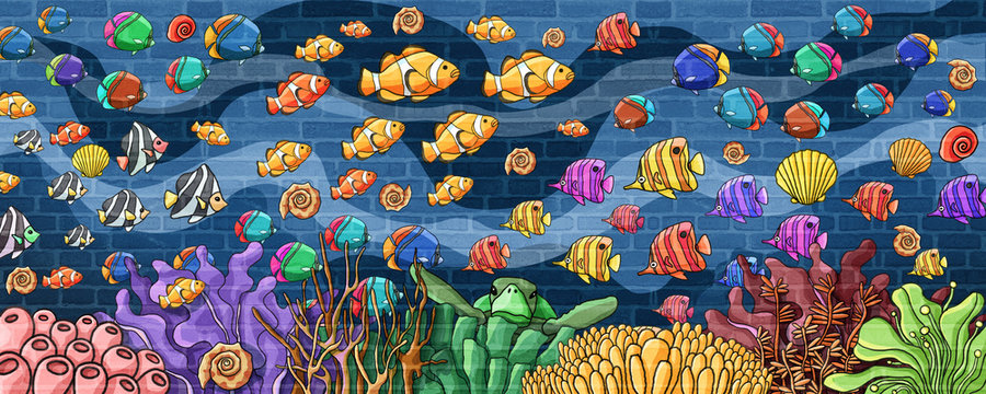 Underwater world colorful fishes and Underwater atmosphere Wall 