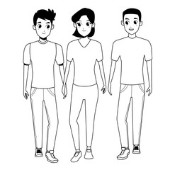 Young friends smiling with casual clothes cartoons in black and white