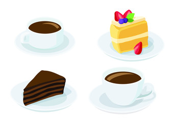 coffee cup white and cake on the plate on white background  illustration vector