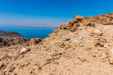View from the Zara trail, near the Panorama Dead Sea Complex in Jordan. Zara Cliff Walk offers stunning views of the Dead Sea coast.