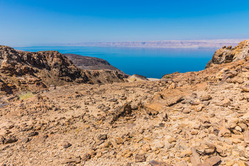 View from the Zara trail, near the Panorama Dead Sea Complex in Jordan. Zara Cliff Walk offers stunning views of the Dead Sea coast.