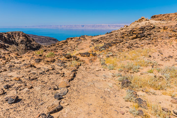 View from the Zara trail, near the Panorama Dead Sea Complex in Jordan. Zara Cliff Walk offers stunning views of the Dead Sea coast.