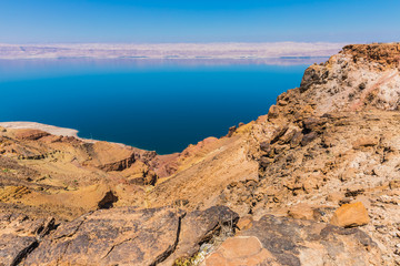 View from the Zara trail, near the Panorama Dead Sea Complex in Jordan. Zara Cliff Walk offers stunning views of the Dead Sea coast.