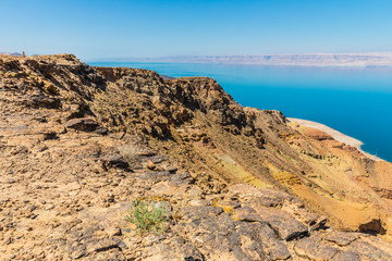 View from the Zara trail, near the Panorama Dead Sea Complex in Jordan. Zara Cliff Walk offers stunning views of the Dead Sea coast.