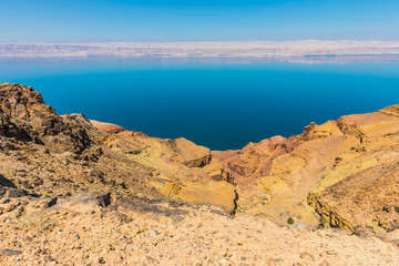 View from the Zara trail, near the Panorama Dead Sea Complex in Jordan. Zara Cliff Walk offers stunning views of the Dead Sea coast.