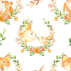 Watercolor seamless pattern with cute mother and baby fox and rabbits in a floral wreath. Texture for wallpaper, packaging, paper, prints, fabric.