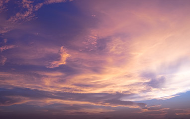 Fiery sunset twilight sky orange, blue, purple colors. Peaceful beautiful sky. - Image