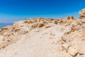 View from the way to the top of Machaerus near the Dead Sea in Jordan. It is the location of the imprisonment and execution of John the Baptist. 