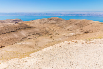 Fototapeta na wymiar View from the way to the top of Machaerus near the Dead Sea in Jordan. It is the location of the imprisonment and execution of John the Baptist. 