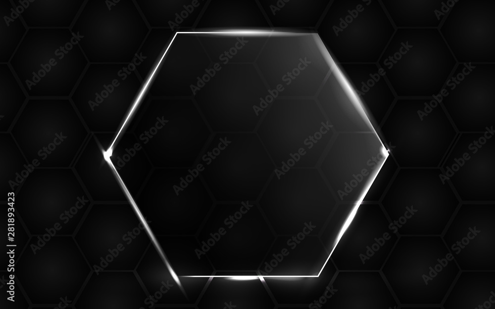 Aufkleber abstract black background with hexagon frame transparent glass effect a combination with light neon 