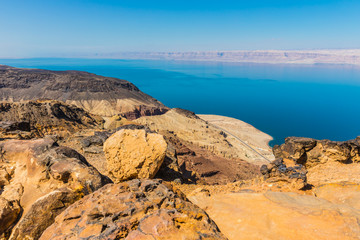 Views of the Dead Sea coast near the Panorama Dead Sea Complex in Jordan. 