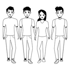 Young friends smiling with casual clothes cartoons in black and white