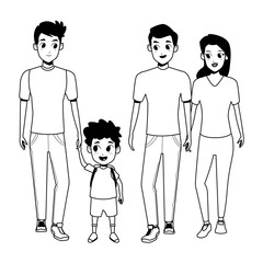Family young parents with children cartoon in black and white