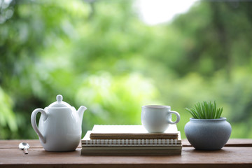 tea cup and tea pot with small plant pot and diary notebook on wooden table