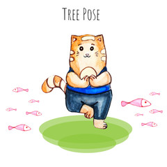 Cute ginger yoga cat. Hand-drawn watercolor funny cat doing yoga tree pose. Pet character set isolated on white background. Slothful yoga