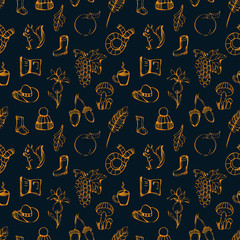 Autumn seamless pattern.Autumn line hand drawn background with different symbols related to fall.Hand drawn elements for fabrics, wallpaper.