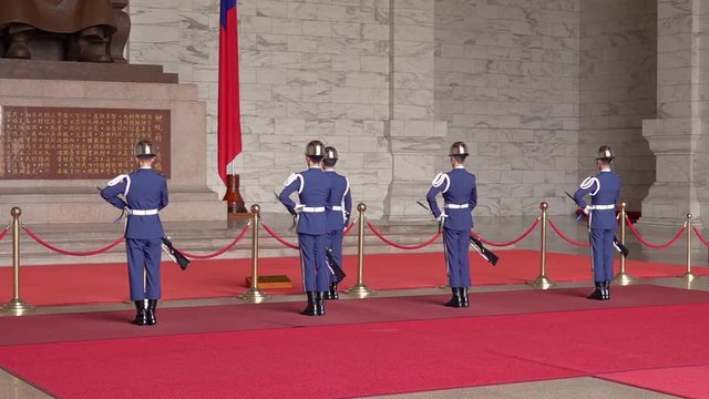 Guards Change Ceremony at Chiang Kai Shek Memorial Bronze Statue Hall in Taipei, Taiwan