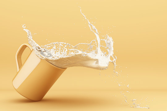 Pouring milk into a cup, milk splashing in yellow cup.3d rendering.