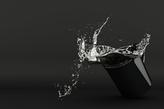 Pouring water into a cup, water splashing in black cup.3d rendering.