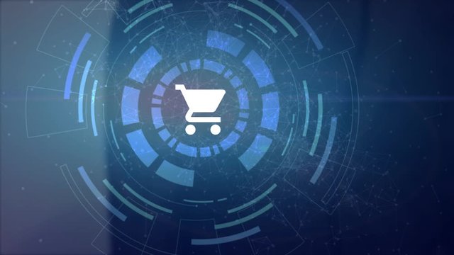 business man hand hologram hud projection shopping cart icon