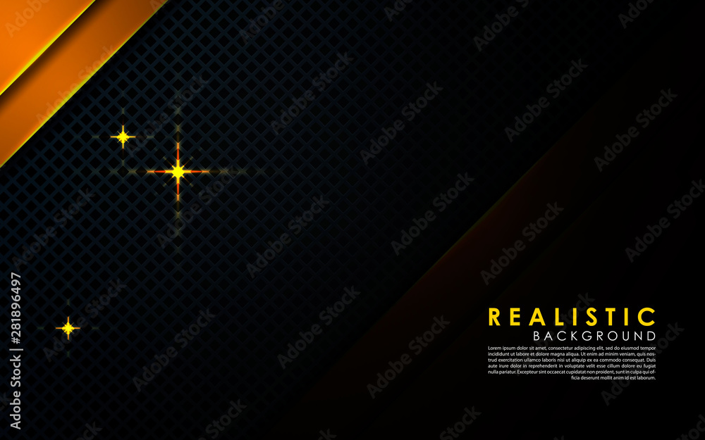 Poster gray abstract dimension on dark textured background. realistic overlap layers texture with golden li