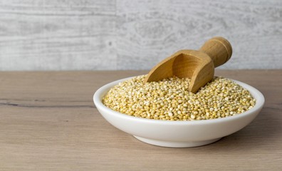 A small plate of quinoa seeds and scoop on a wooden background with copy space for your text