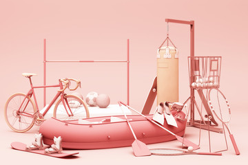 Sport equipments on pink background. 3d rendering