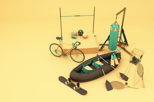 Sport equipments on yellow background. 3d rendering
