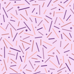 Stylish abstract seamless background with dots and short lines.  Purple and pink shades.