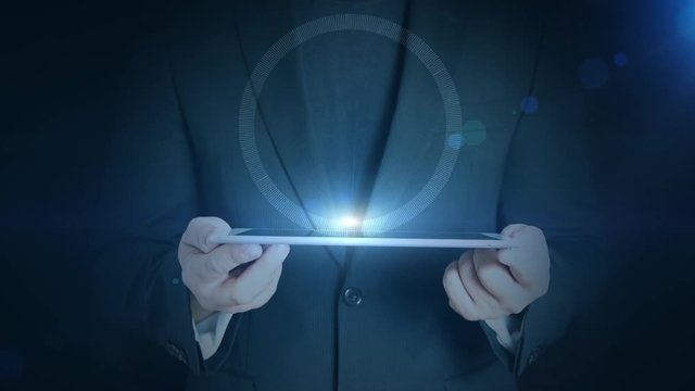 business man holding tablet hologramm hud projection shopping cart cryptocurrency icon