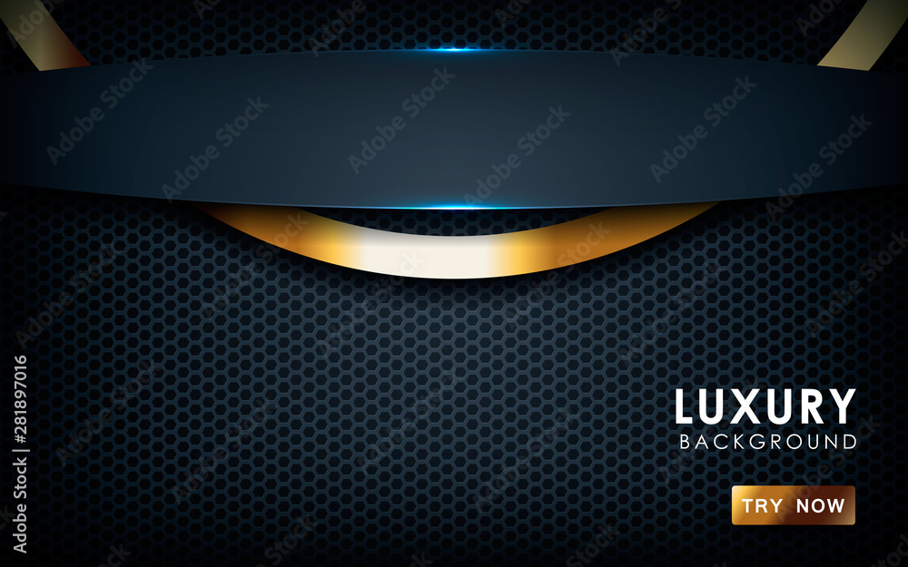 Poster dark abstract background with black overlap layers. hexagon texture with golden effect element decor