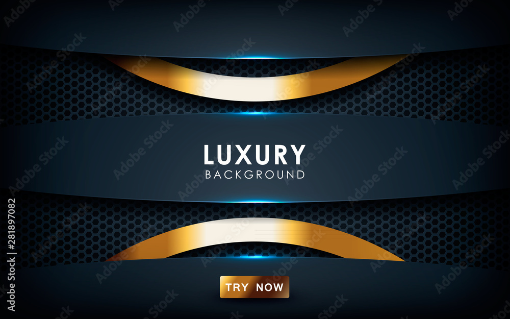 Poster dark abstract background with black overlap layers. hexagon texture with golden effect element decor