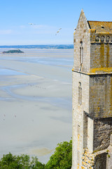 View of the surrounding landscape from the Medieval Abbey of Mont Saint Michel. Normandy. France