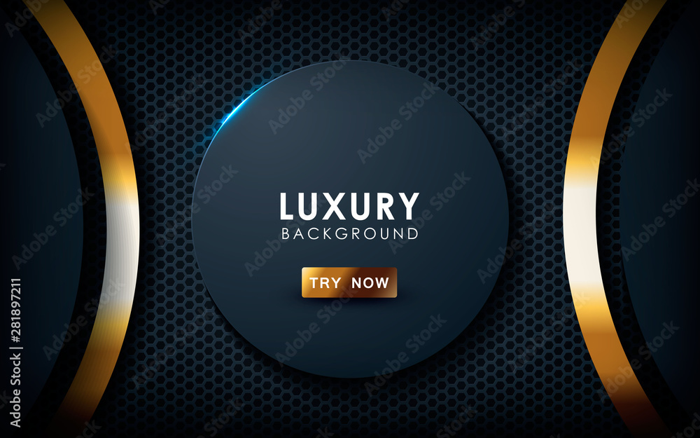 Poster dark abstract background with black overlap layers. hexagon texture with golden effect element decor