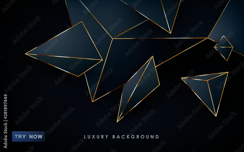 Poster luxury abstract black background. modern polygon shape with golden list on textured dark background.