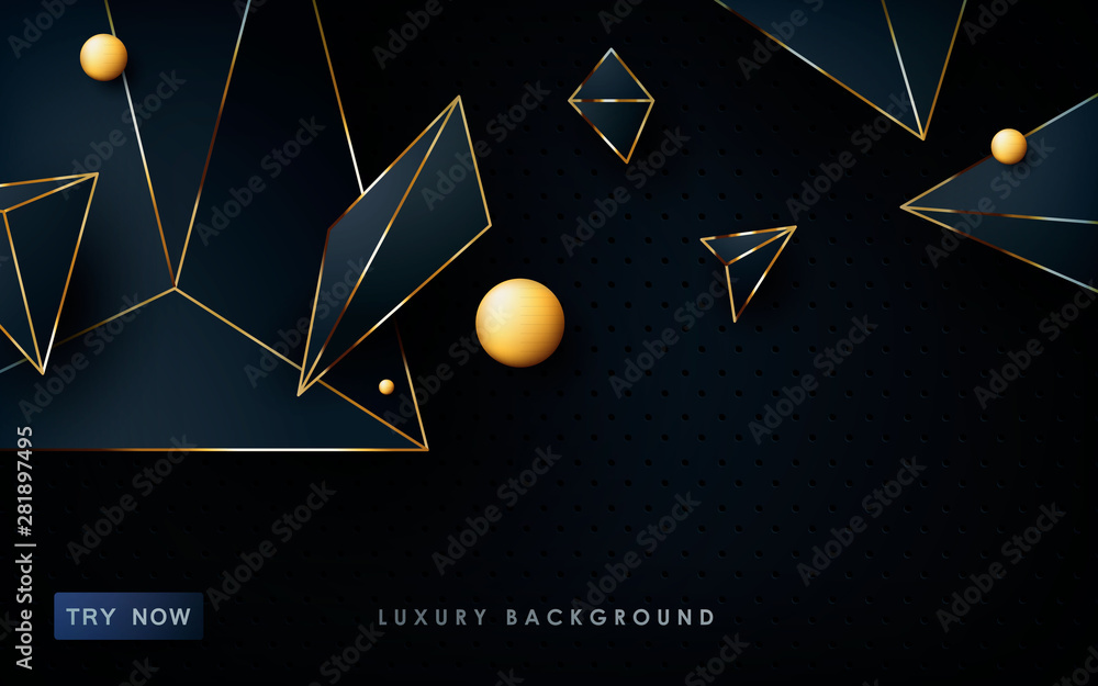 Poster luxury abstract black background. modern polygon shape with golden list on textured dark background.